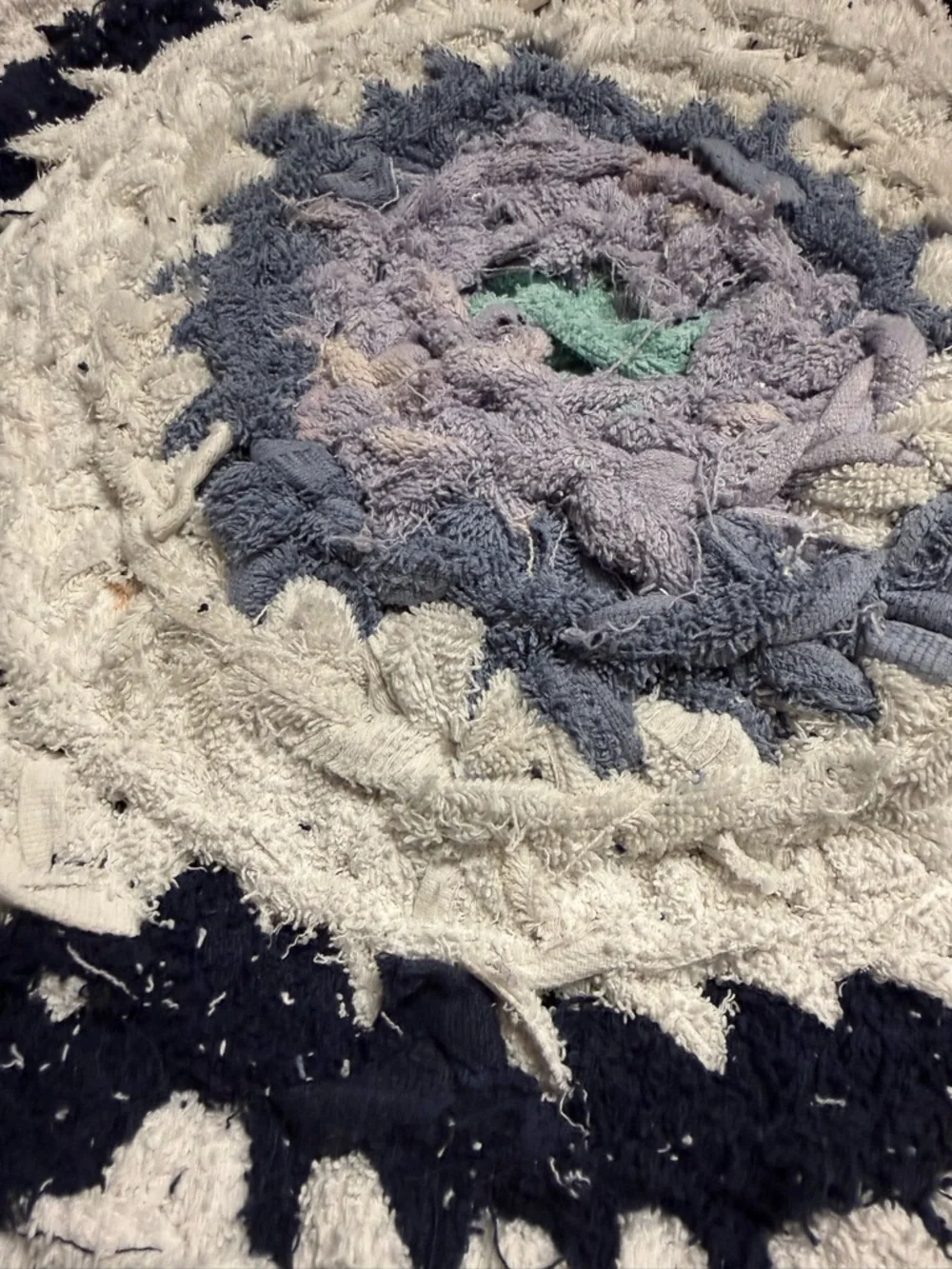 Handmade crocheted rag rug bathroom mat repurposed old towels Recycled 22.5”